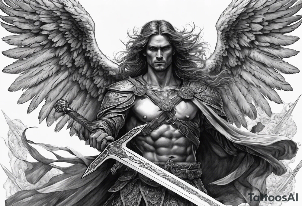 realistic angel of death, full man body, without face, holding one sword in both hands, sword pointing downwards, skulls lying on the ground tattoo idea