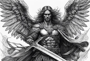 realistic angel of death, full man body, without face, holding one sword in both hands, sword pointing downwards, skulls lying on the ground tattoo idea