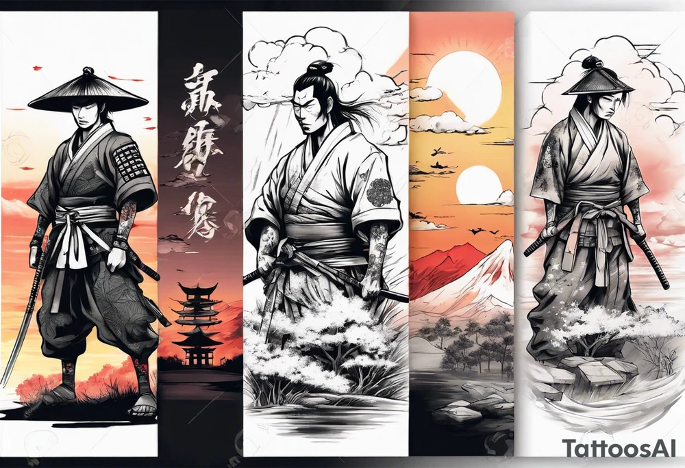 Samurai in the centre of a beautiful sunset landscape tattoo idea