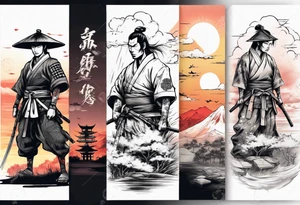 Samurai in the centre of a beautiful sunset landscape tattoo idea