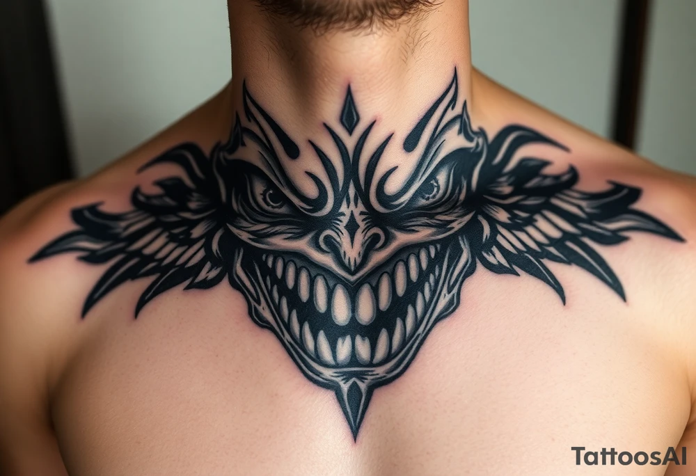 Eyes big and small on my chest for a man terrorizing with his eyes and very large teeth tattoo idea