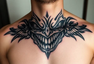 Eyes big and small on my chest for a man terrorizing with his eyes and very large teeth tattoo idea