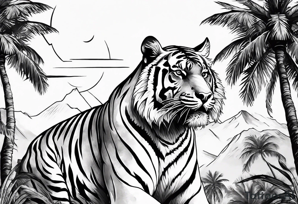tiger climbing palm tree tattoo idea