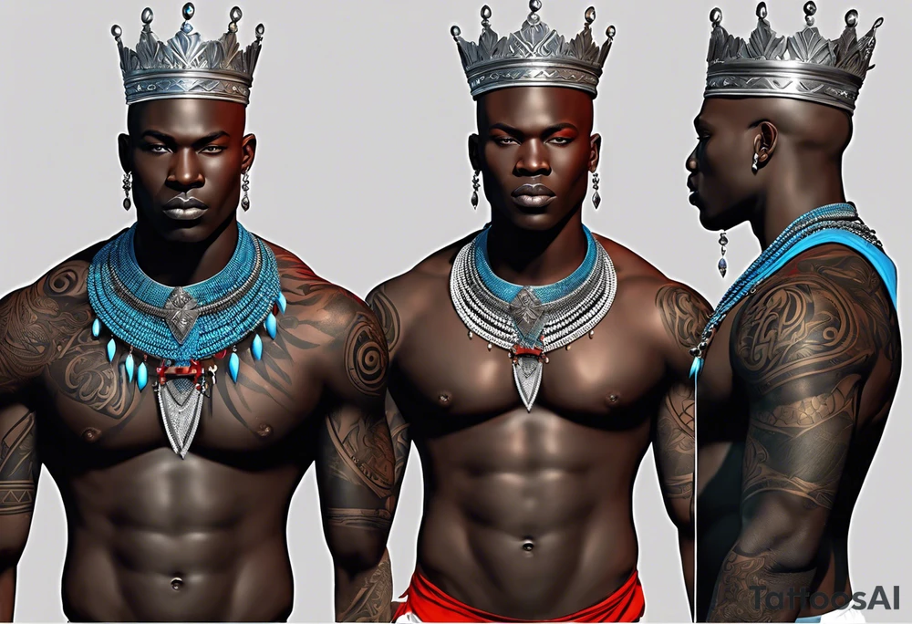 Black-skinned bald african warrior. He wears a simple and small silver crown. He uses two simple necklaces: one blue, other red. tattoo idea