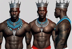 Black-skinned bald african warrior. He wears a simple and small silver crown. He uses two simple necklaces: one blue, other red. tattoo idea