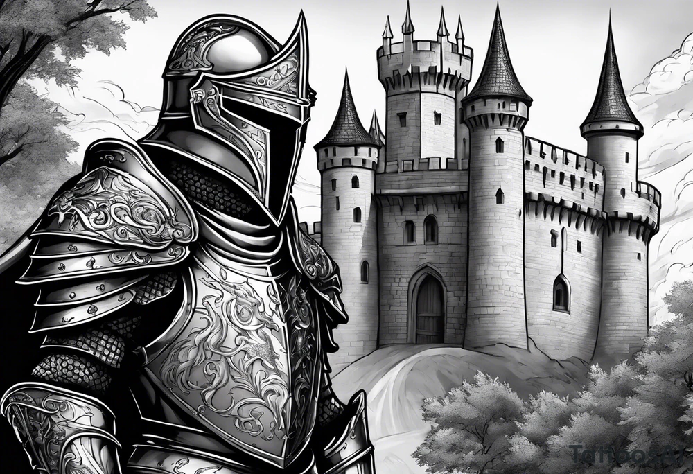 knight in armor full body with castle in background and dragon tattoo idea