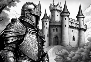 knight in armor full body with castle in background and dragon tattoo idea