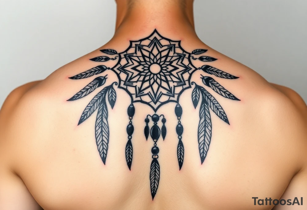 native dreamcatcher with flowing feathers and sacred beads tattoo idea
