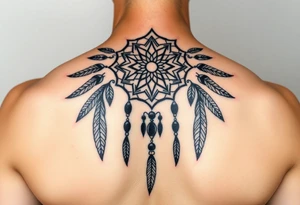 native dreamcatcher with flowing feathers and sacred beads tattoo idea