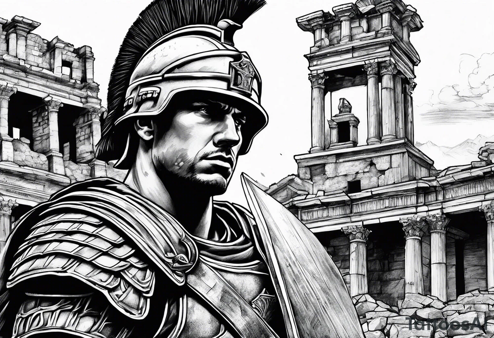 Roman soldier looking right at  ruins tattoo idea