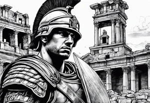 Roman soldier looking right at  ruins tattoo idea