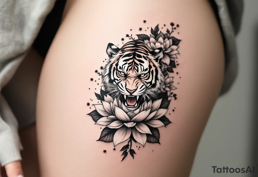 fierce tiger emerging through blooming lotus flowers in mist tattoo idea
