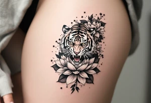 fierce tiger emerging through blooming lotus flowers in mist tattoo idea