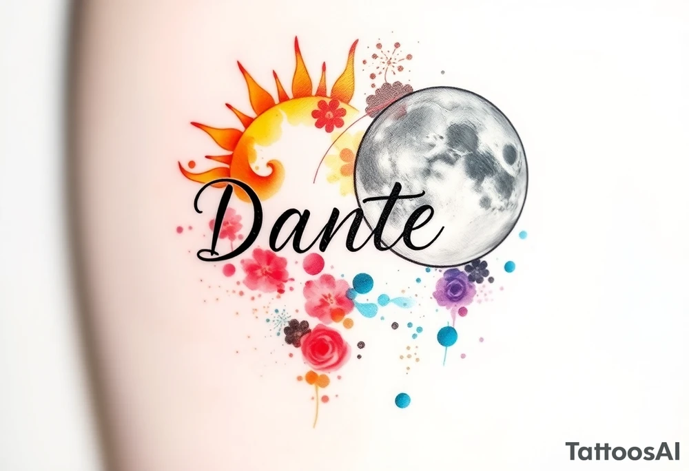 The name "Dante" in the sun and the name "Taiga" in the moon tattoo idea