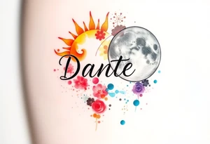 The name "Dante" in the sun and the name "Taiga" in the moon tattoo idea