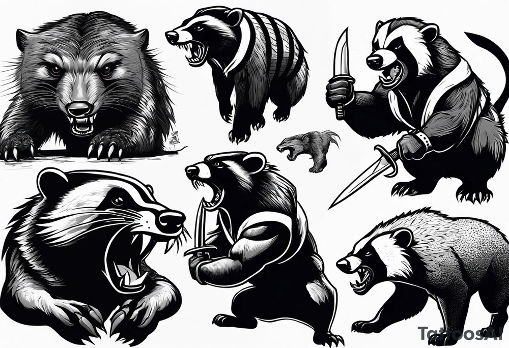 Draw me psychopath Fearless Honey Badger/Berserker with aggressive full body, killer face with a scary smile, very long nails and he attacks like a Bloody Assassin/Warrior/Gladiator to us and also, he has very deadly looking. He fights with his nails only. Everybody scares after their first sight. Give me horror type Badger Tattoo. I want to see his Realistic full body with no weapons. You can show destruction at the back. tattoo idea