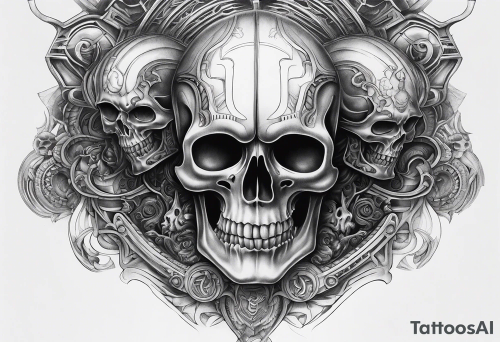 H.R Giger style knee tattoo with skulls tattoo idea