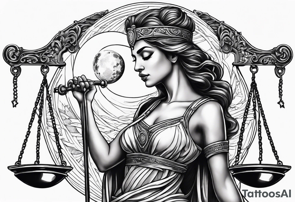 Themis holding the scales of justice while blindfolded with a moon in the background tattoo idea