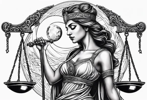 Themis holding the scales of justice while blindfolded with a moon in the background tattoo idea