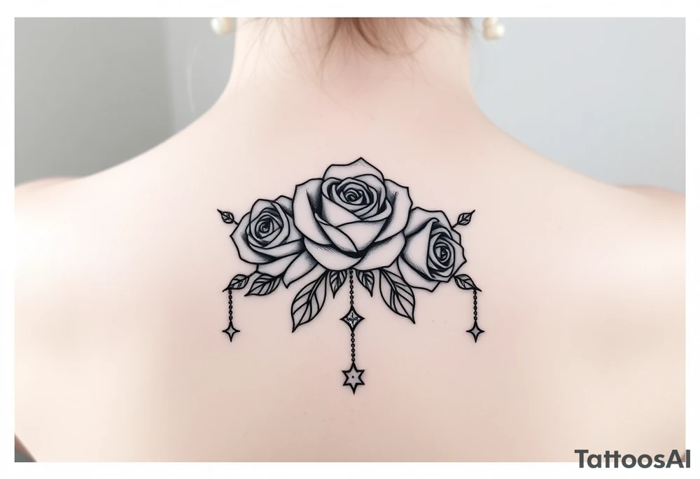 roses, gemstones on chains, stars tattoo idea