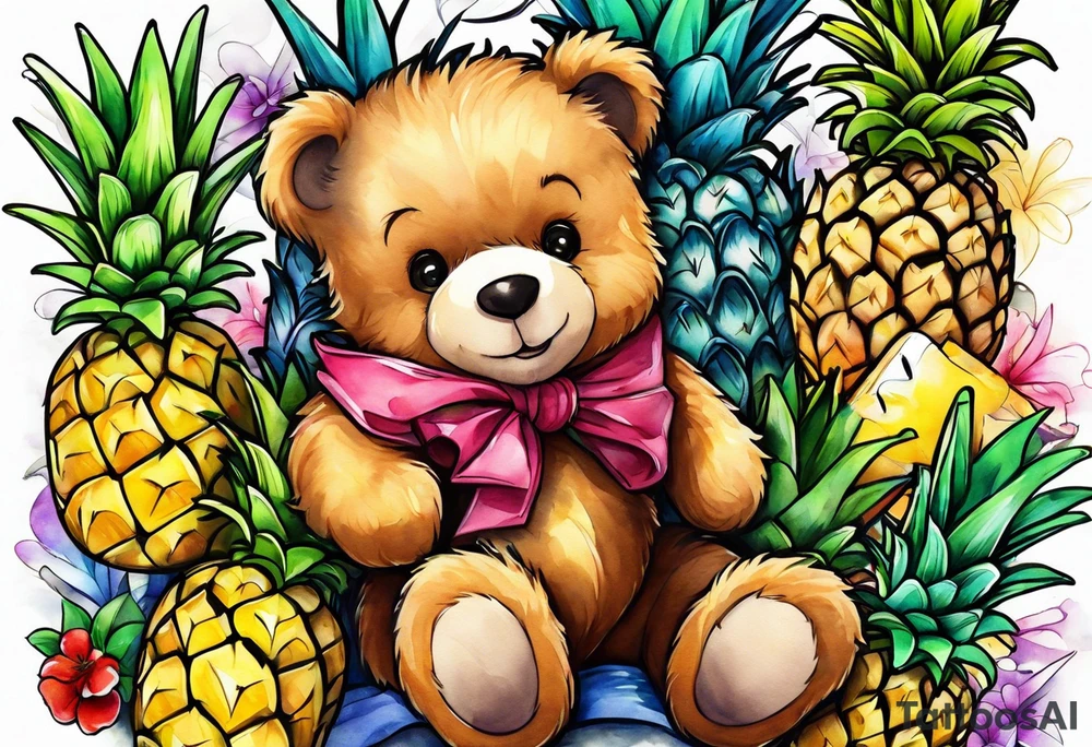 Teddy Bear biting pineapples tattoo idea