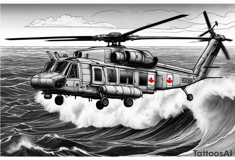 Canadian military grey CH-148 Cyclone helicopter soaring low over rough, ocean waves. In the background, a poppy be prominently displayed tattoo idea