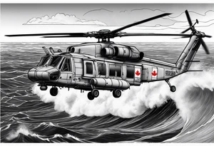 Canadian military grey CH-148 Cyclone helicopter soaring low over rough, ocean waves. In the background, a poppy be prominently displayed tattoo idea