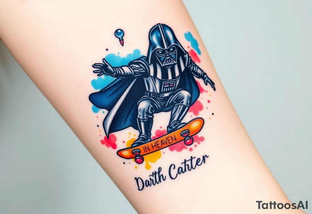 Darth Vader skateboarding > in heaven > bullets
blue. red. yellow.
skateboard words "Darth Carter"
add date 12/29/88-01/06/24 tattoo idea
