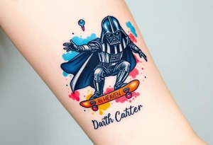 Darth Vader skateboarding > in heaven > bullets
blue. red. yellow.
skateboard words "Darth Carter"
add date 12/29/88-01/06/24 tattoo idea