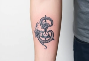 Ouroboros surrounded by a flower and hour glass tattoo idea