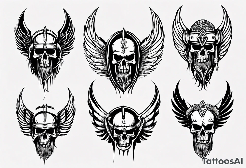 Viking face with skulls on the side with wings tattoo idea