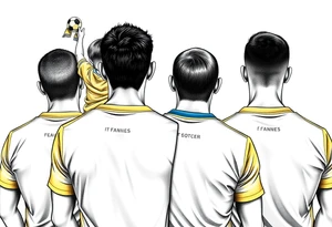 4 soccer fans from their backs, wearing yellow blue shirts. the second one from left having a kid on his shoulders, and he's rising a scarf tattoo idea