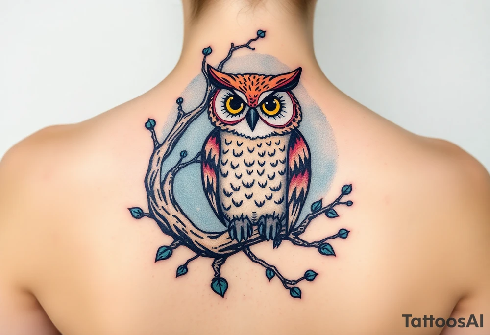 wise owl perched on ancient oak branch under starlit sky tattoo idea