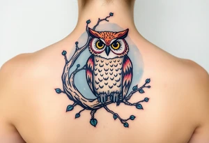 wise owl perched on ancient oak branch under starlit sky tattoo idea