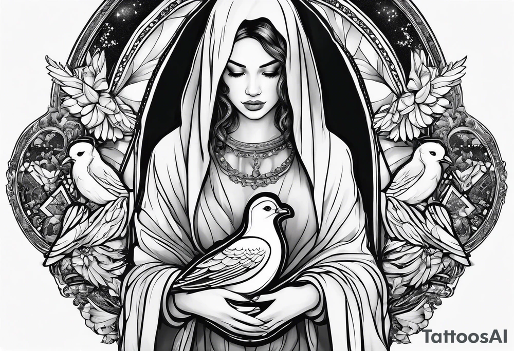 Praying woman in cloak with doves full sleeve tattoo idea