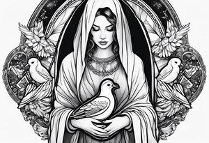 Praying woman in cloak with doves full sleeve tattoo idea