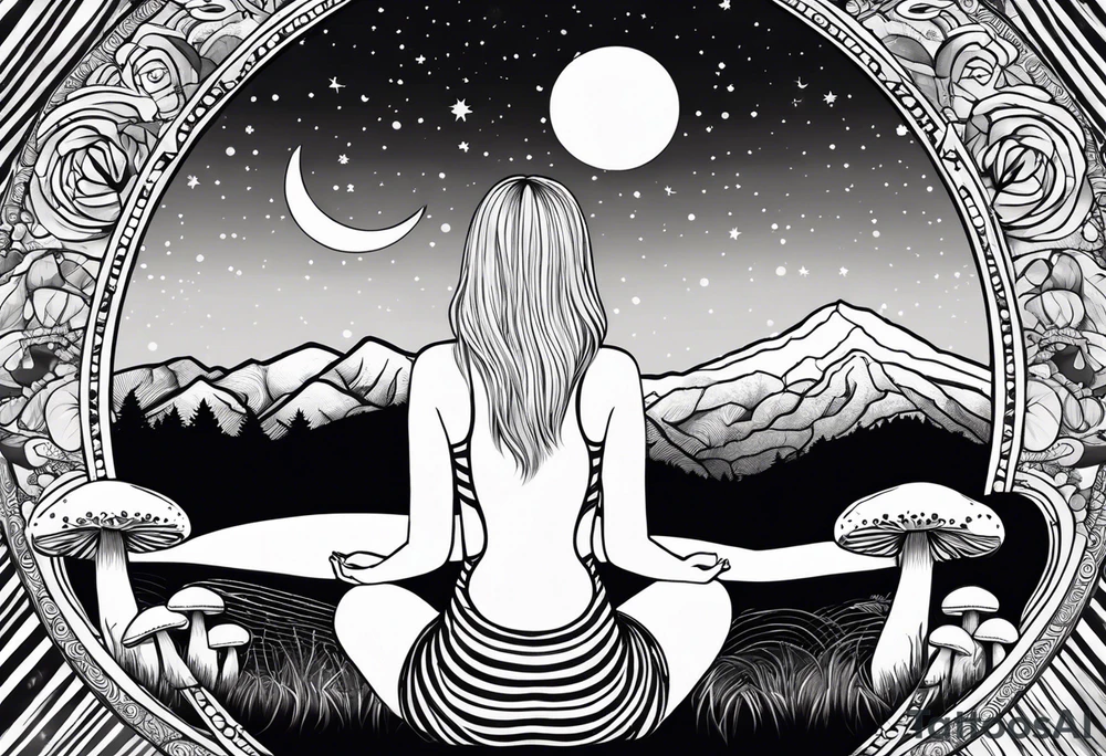 Straight blonde hair girl holding mushrooms in hand meditating facing away toward mountains surrounded by mushrooms crescent moon mandala circular design black and white striped dress tattoo idea