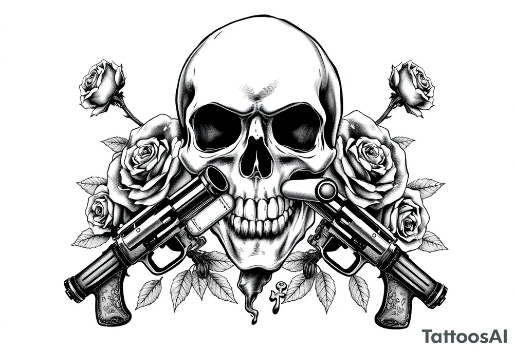 A skull with a cigar, surrounded by thorny roses and crossed pistols. tattoo idea