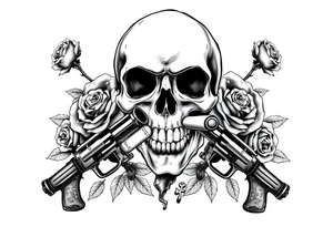 A skull with a cigar, surrounded by thorny roses and crossed pistols. tattoo idea