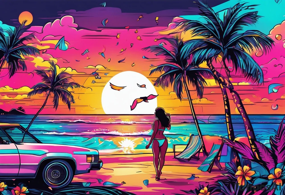 1980's miami vice style beach dance 
party, include confetti, music notes, boom box, bikinis sunset in the center tattoo idea