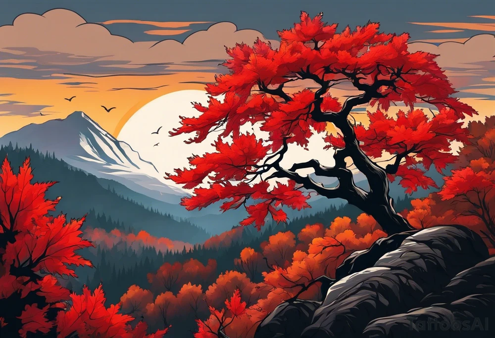 full left arm. A maple tree with red autumn leaves that branches upwards. White-throated dipper bird on the trees branches. Calluna flowers at the base of the trees stem. Tree stem has dark colors. Red/yellow sunset behind the trees stem. Leaves falling. tattoo idea