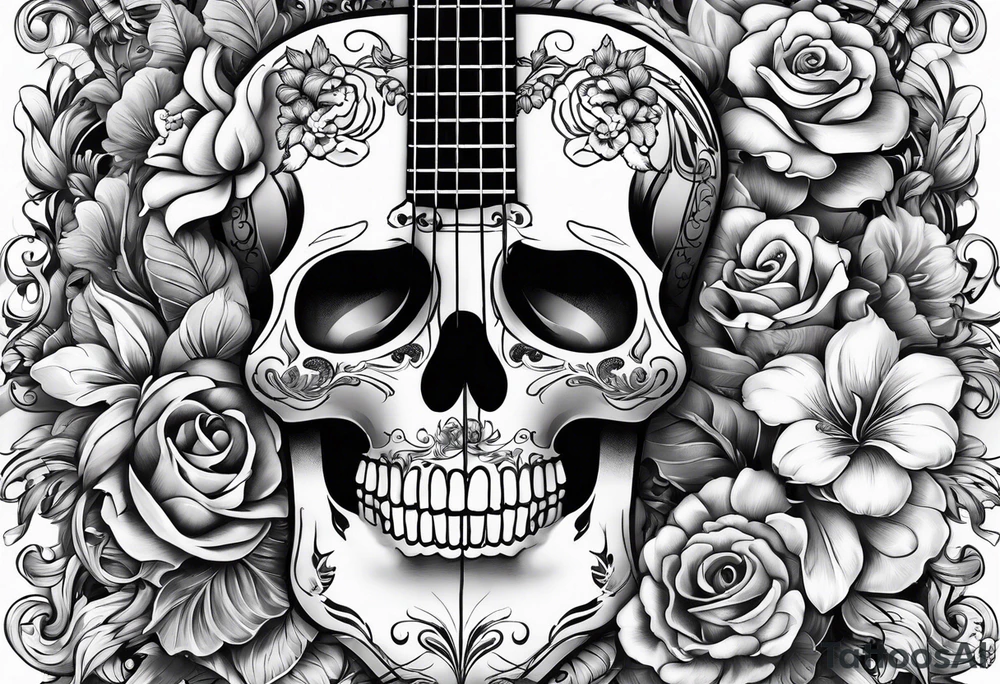 Guitar, guitar neck, skulls, flowers tattoo idea