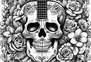 Guitar, guitar neck, skulls, flowers tattoo idea