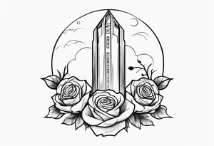 Tesseract in shape of dark tower with roses around it tattoo idea