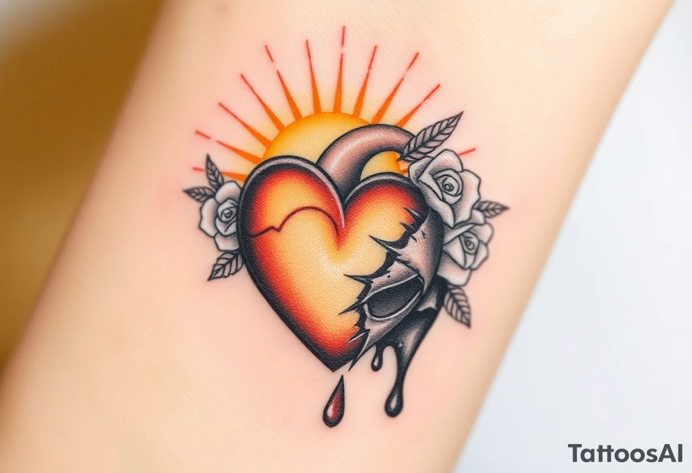 A sacred, glowing heart encased in rays of golden light, adorned with delicate white roses, representing purity, opposed to a blackened, broken heart with cracked, darkened edges, leaking a dark liquid like ink, symbolizing pain and corruption. tattoo idea