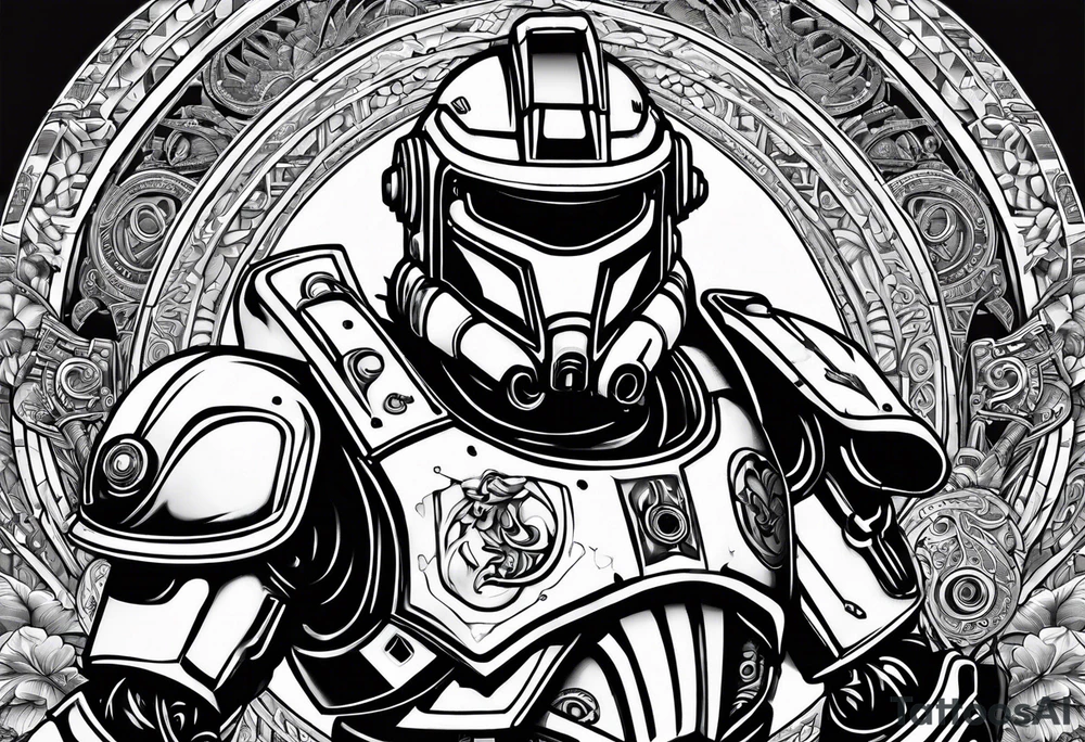 Power armor with Greek engravings tattoo idea