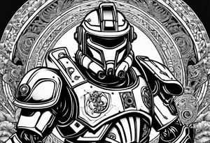 Power armor with Greek engravings tattoo idea