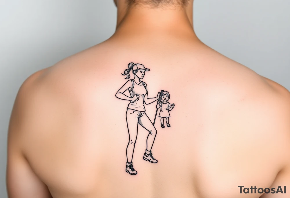 one line tattoo with a woman holding hiking poles and climbing, with a little girl inside her cheering for her inside her tattoo idea