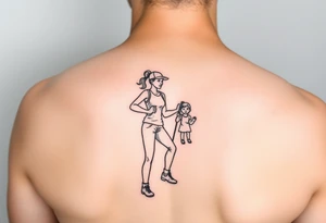 one line tattoo with a woman holding hiking poles and climbing, with a little girl inside her cheering for her inside her tattoo idea
