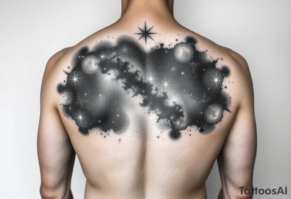 Beautiful and epic 3d milky way that appears to be what is beneath the skin. Make it drape over the shoulder and move to the middle back. use negative spaces to create stars and dust. Incorporate God breathing life into the universe. IKeep it symmetrical tattoo idea